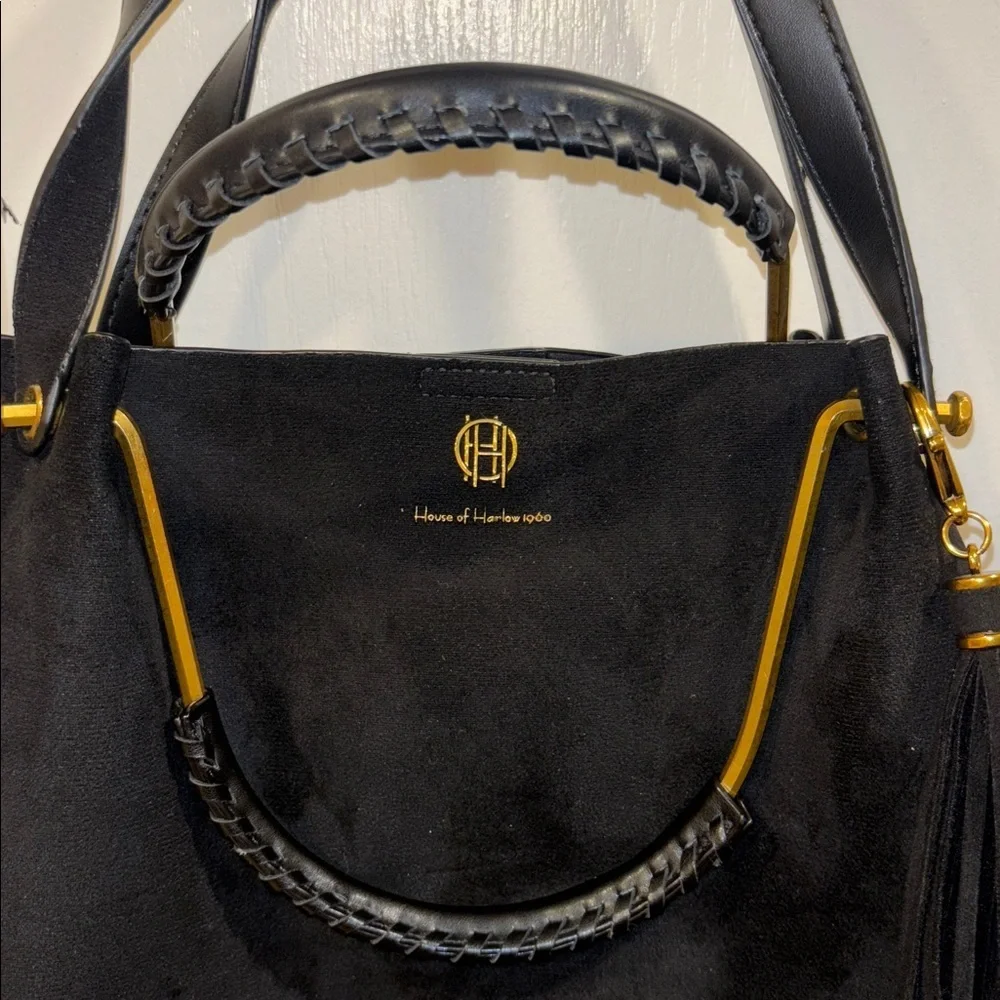 HOUSE OF HARLOW 1960 BLACK SUEDE BAG W/ SHOULDER STRAP GOLD/BRASS TONED HANDLE